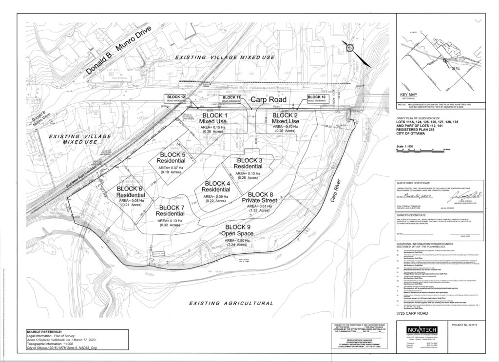 Draft Plan of Subdivision for 3711 - 3725 Carp Road beside the Carp River. Application # D07-16-23-0008